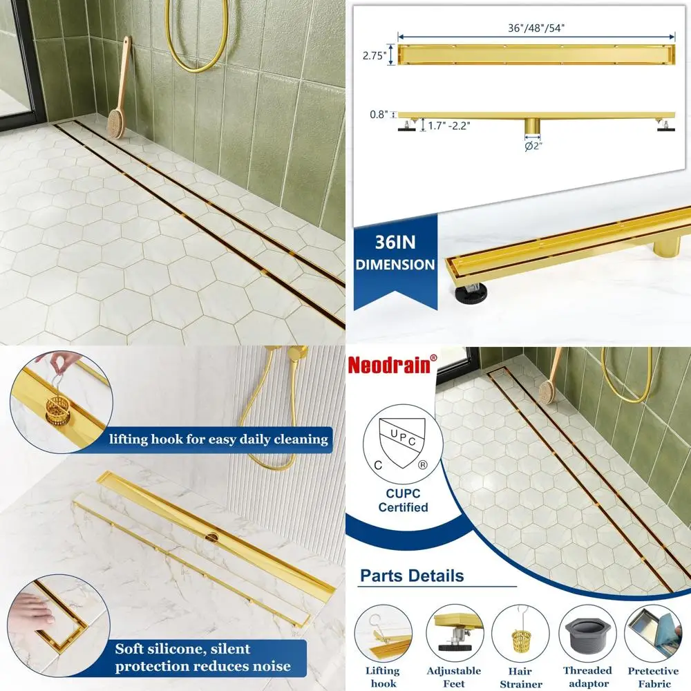 

Stainless Steel Linear Shower Drain, 36-Inch Rectangular Tile Insert Grate, Golden Finish, 304 Grade, Floor Drain for Showers