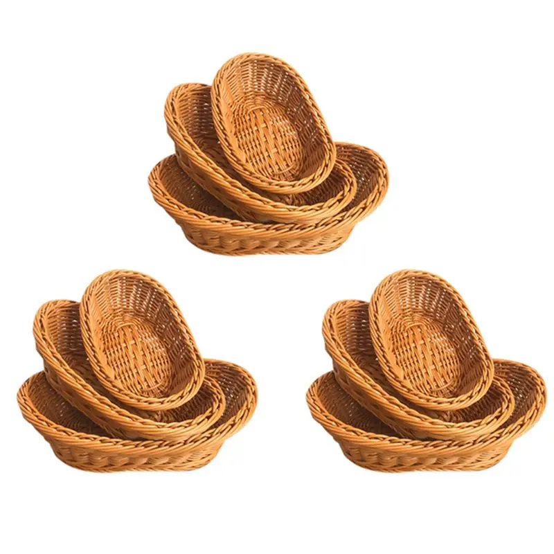ABGG-Wicker Woven Bread Basket Serving Basket Set Of 9,Storage Basket For Food Fruit Cosmetic Storage Table Top And Bathroom