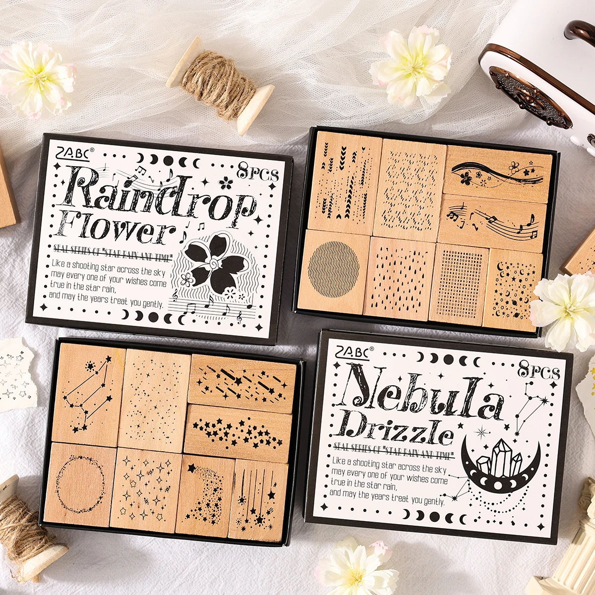 8 Star Rain Pattern Vintage Wooden Stamps,Easy-to-Use Rectangular Stamps,Stylish Wooden Crafts for Diary and Scrapbook Decoratio