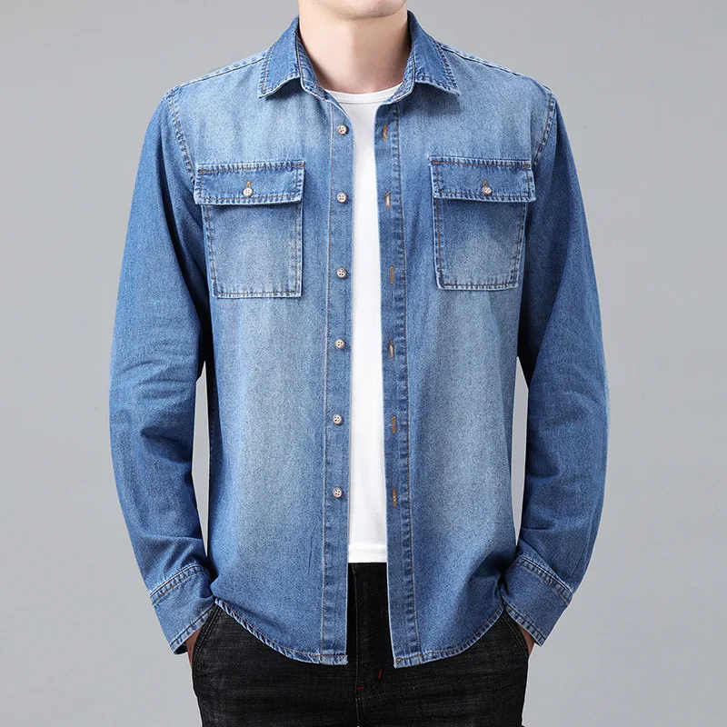 Big Size L-8XL Men's Long Sleeve Denim Shirts Slim Fit Cotton Autumn Casual Cargo Shirts for Male Solid Color Fashion Black Blue