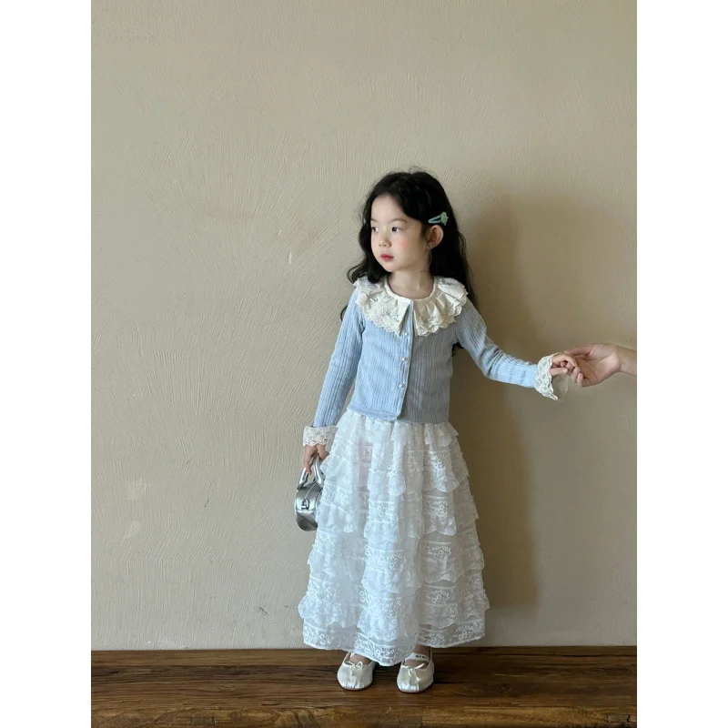 A.Girls Spring and Autumn New High-End Korean Style Lace Pleated Skirt