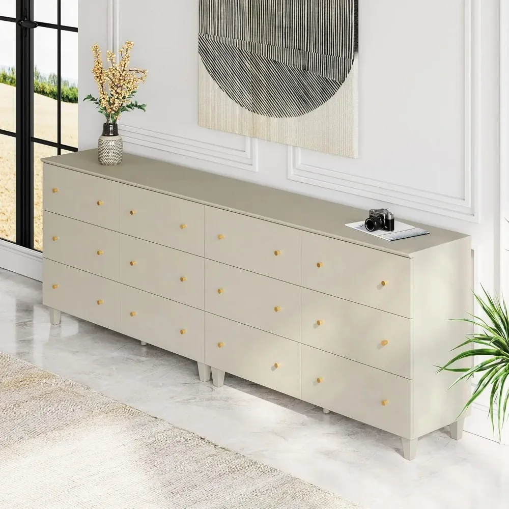 12 Drawers Dresser, 2-in-1 Modern Beige Wood Closet Storage Organizer Furniture with Gold Knobs & Solid Legs, Dresser