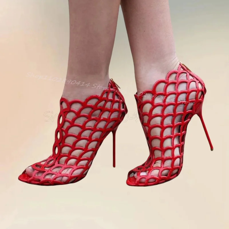 Red Hollow Design Pepp Toe Sandals Back Zipper Women Shoes Stilettos High Heels Fashion Party Banquet 2024 Zapatos Para Mujere