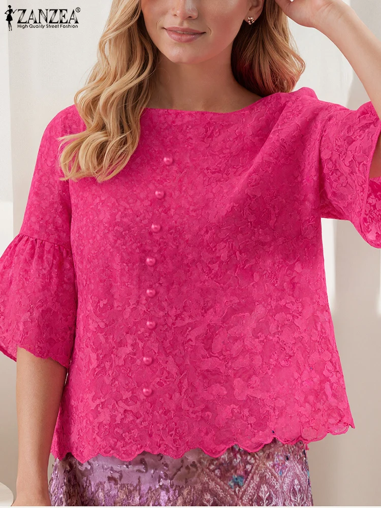 

ZANZEA 2025 Elegant Women Blouse Fashion Summer Half Flare Sleeve Lace Tops See-through Casual Solid Office Lady Blusas Shirts
