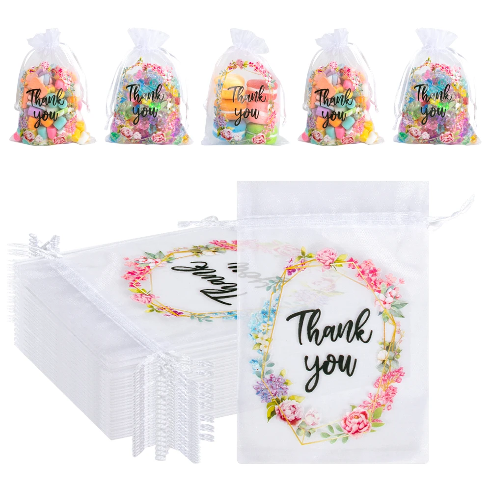 20pcs Thank You Organza Gift Bag Floral Pattern Drawstring Pouches Packaging Bags for Wedding Gift Storage Baby Shower Supplies
