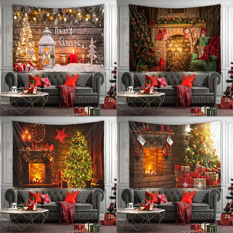 VIKAMA Vintage Christmas Cabin Wall Tapestry Fireplace Xmas Scene Wall Hanging Backdrop for Holiday Home Decoration