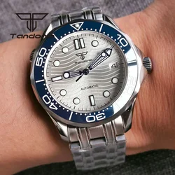Tandorio 007 Steel Mechanical Men Watch NH35AA Wave Dial 41mm Case 120 click Bezel Ceramic Insert Curved End Rubber Band