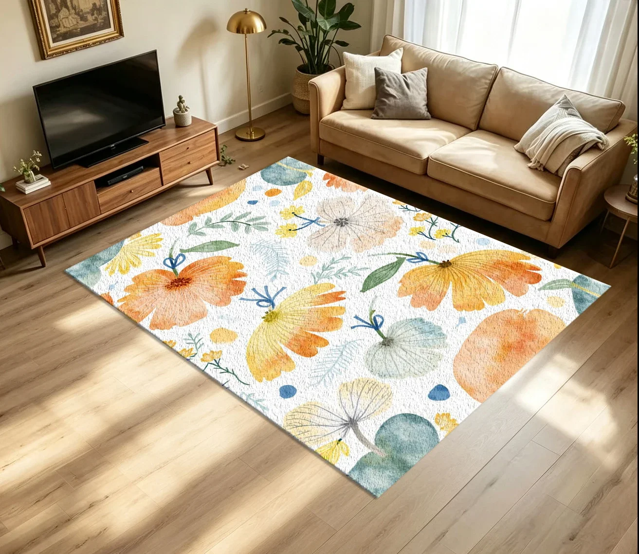 Watercolor Spring Floral Botanical Carpet Flooring Warm Tone Flower Leaf Seamless Pattern Printed Floor Rug for Household Bohemi