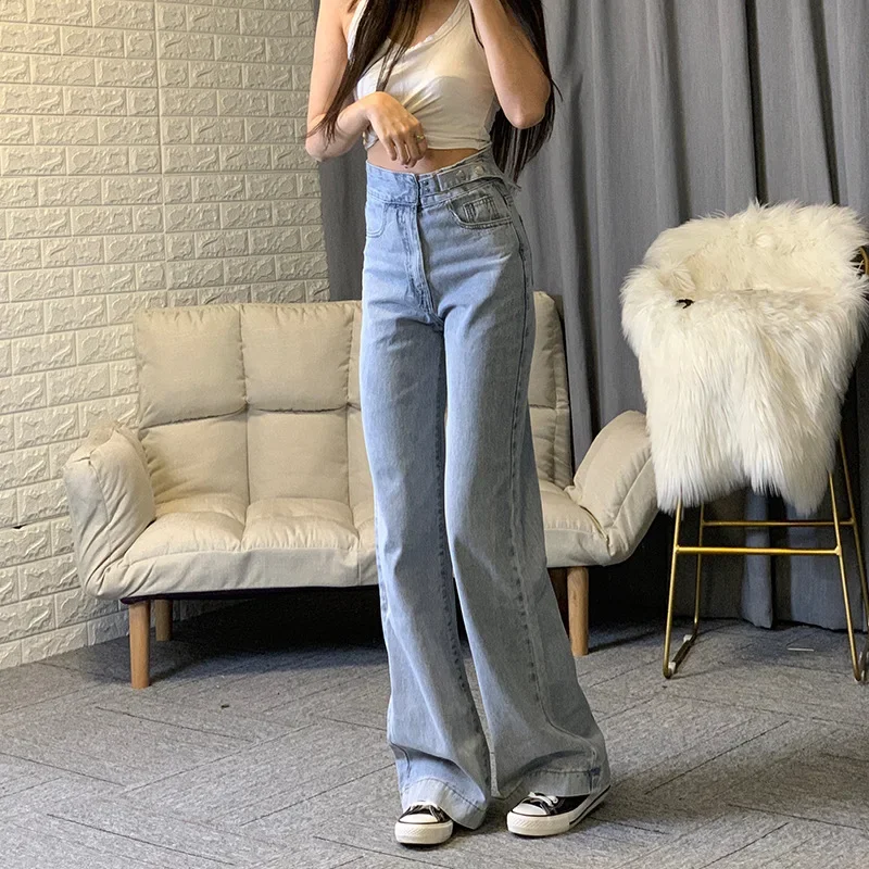 Calça jeans folgada de cintura alta feminina, calças largas de perna reta, cinza, azul, streetwear, moda, coreano, novo, 2023