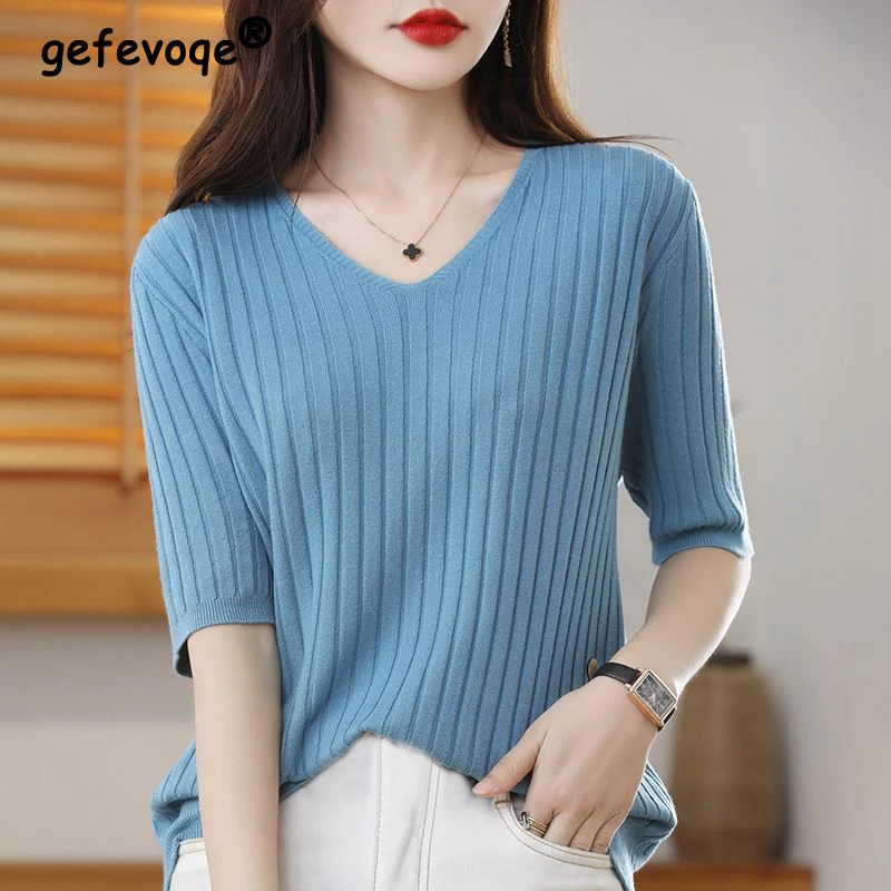 Elegant Fashion Simple Sweet Soft Rib Knitwear Women Casual V Neck Short Sleeve Slim Knitted Sweater Pullover Ladies Basic Tops