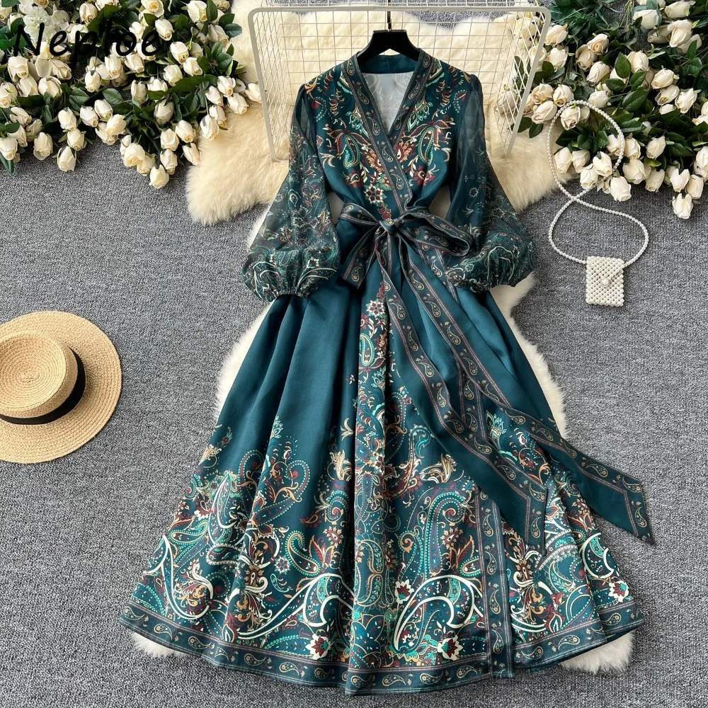 

Neploe New Moda Vent V Neck Lantern Sleeve Mujer Lace Up Big Swing Slim Fit High Waist Robe Vintage Print A-line Elegant Dress