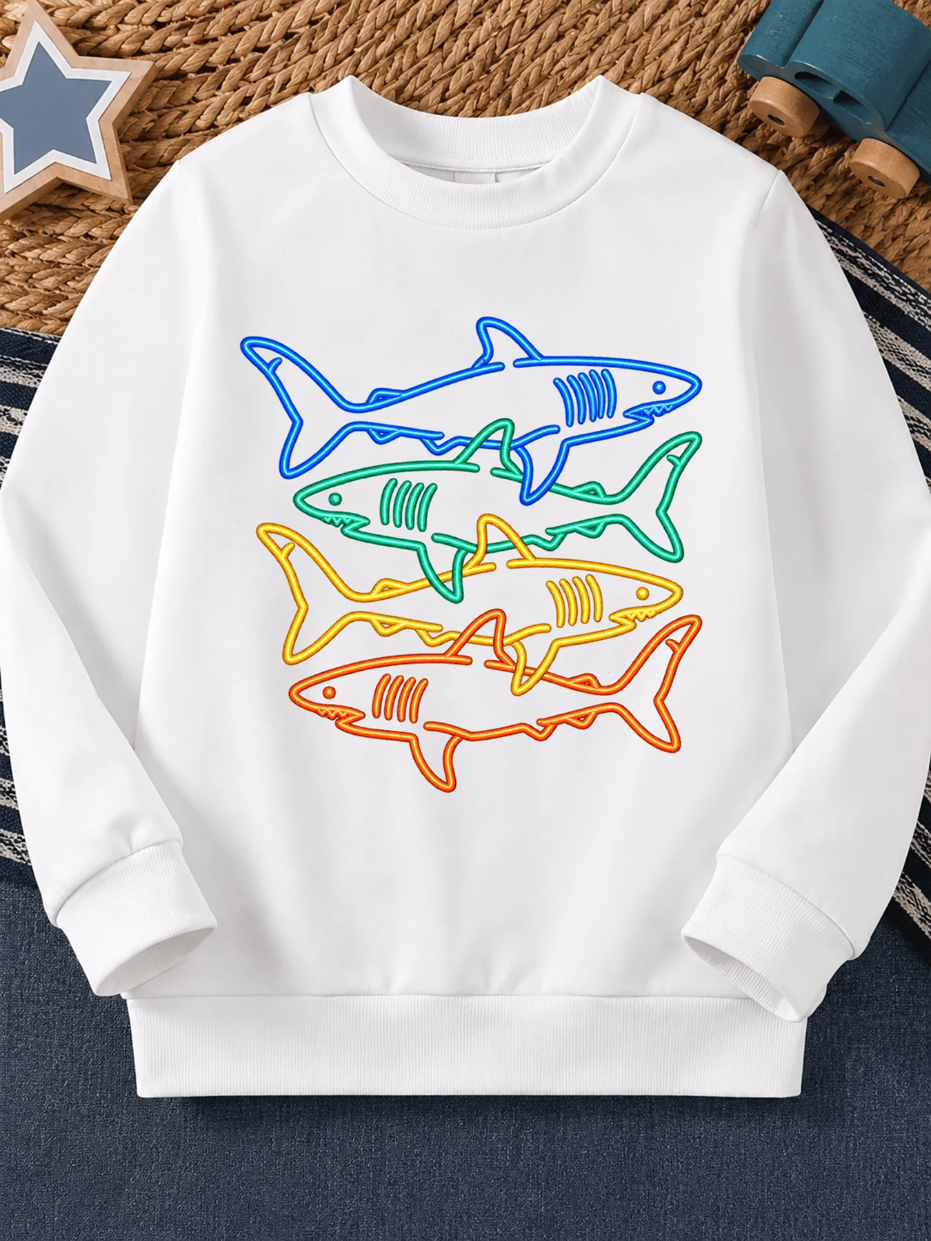 Boys Crew Neck Sweatshirt Neon Shark Print Kids Long Sleeve Pullover Children Casual Autumn Tops