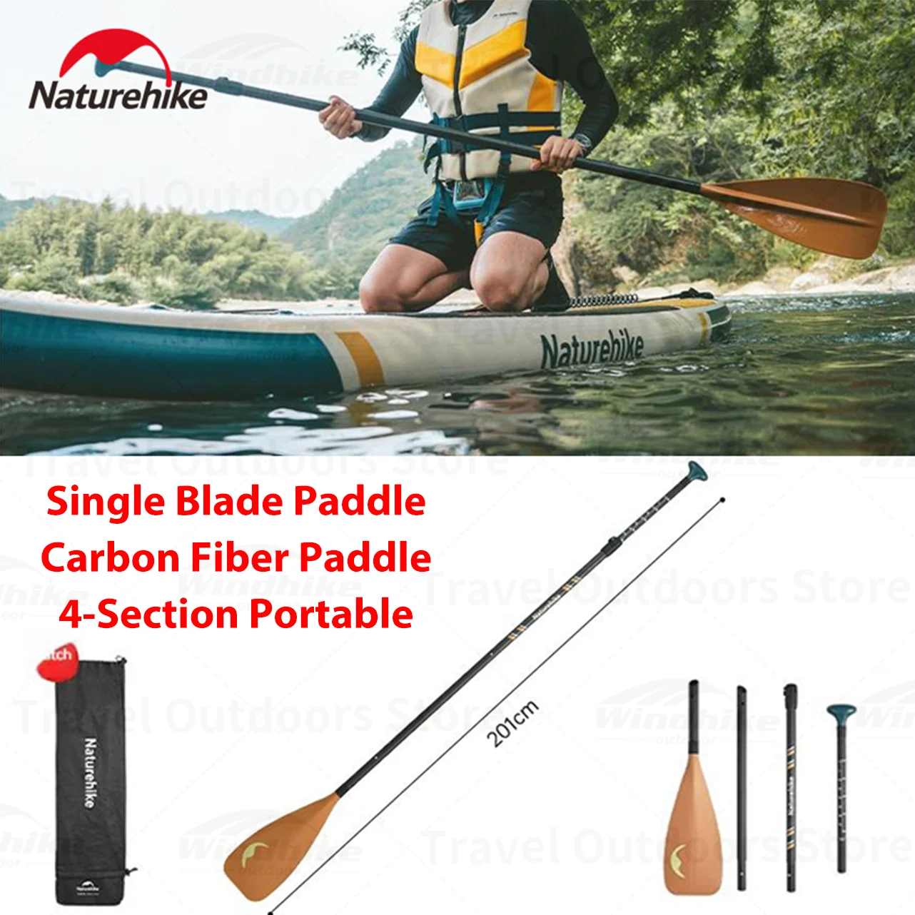 Naturehike 4-section Single Blade Paddle water sports Carbon Accessories Fiber Surfboards Fishing Boat Oars Tools Sup Paddle