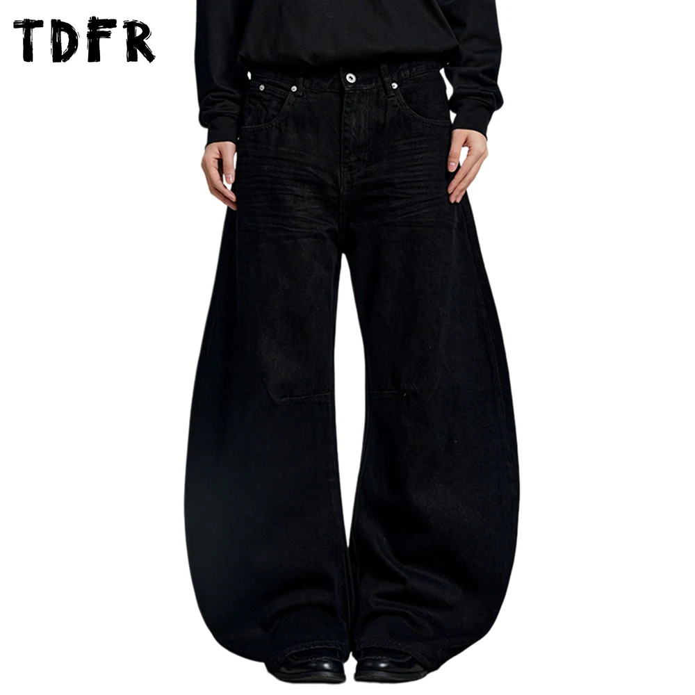 

Solid Color Banana Jeans Mens Pocket Retro Casual Baggy Wide Leg Dark Denim Pants Man