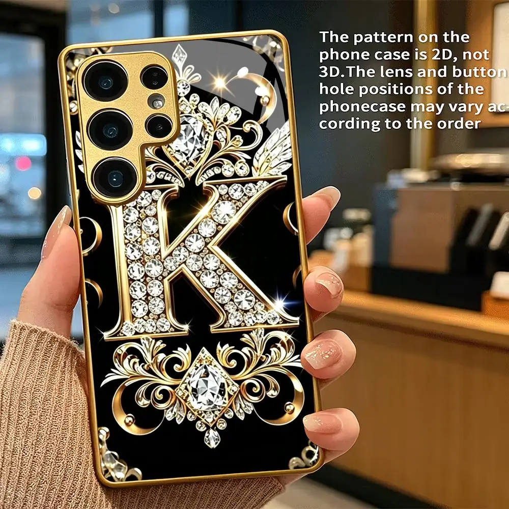 Golden letter K electroplated glass phone case suitable for Samsung Galaxy S26 S25 S24 S22 S21 S20 FE/Ultra/Plus anti drop