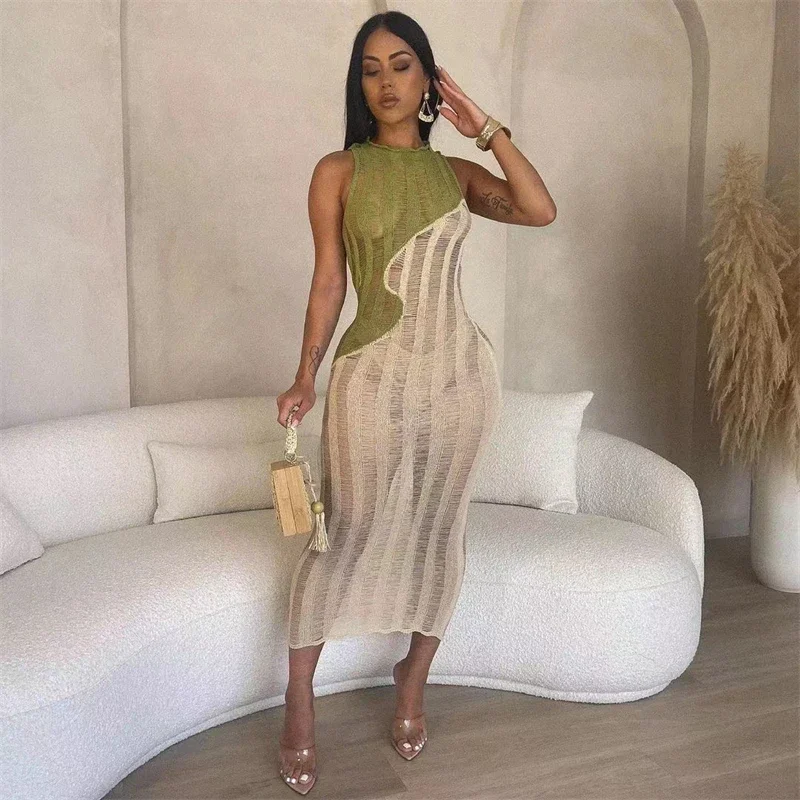 

Color Patchwork Knitted Bodycon Maxi Dress Women Summer Hollow Out Sleeveless Vacation Long Robe Cover Up Female Party Outfits