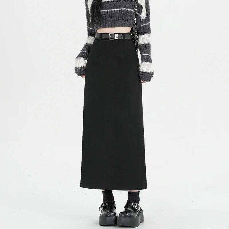 

New Autumn Winter Thick Woolen Long Skirts Women Temperament High Waist Straight Skirt Korean Ladies Elegant Wool Blend Skirts