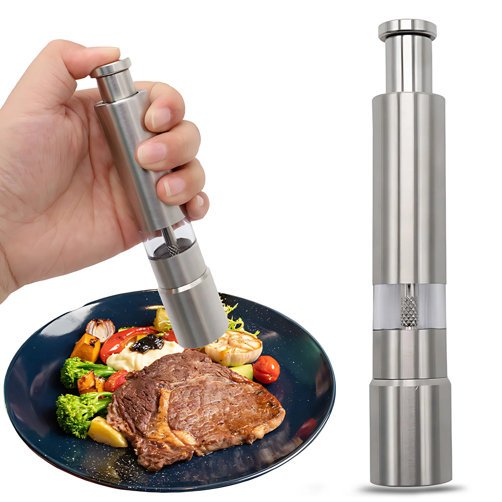 Manual Stainless Steel Grinder - Refillable Push Button Salt and Pepper Mill, Thumb Grinder for Pepper, Sea Salt, One-Handed Use