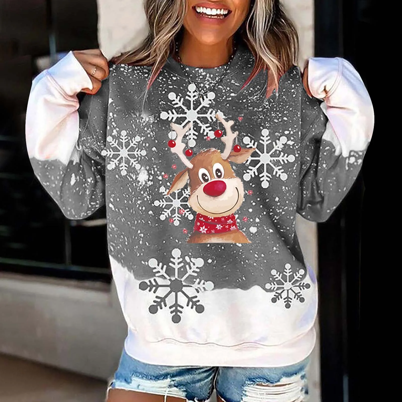 Fashion Pullover Tops For Women Merry Christmas Printed Round Neck Long Sleeve Sweatshirts Hoodless Loose Casual Ladies Clothing