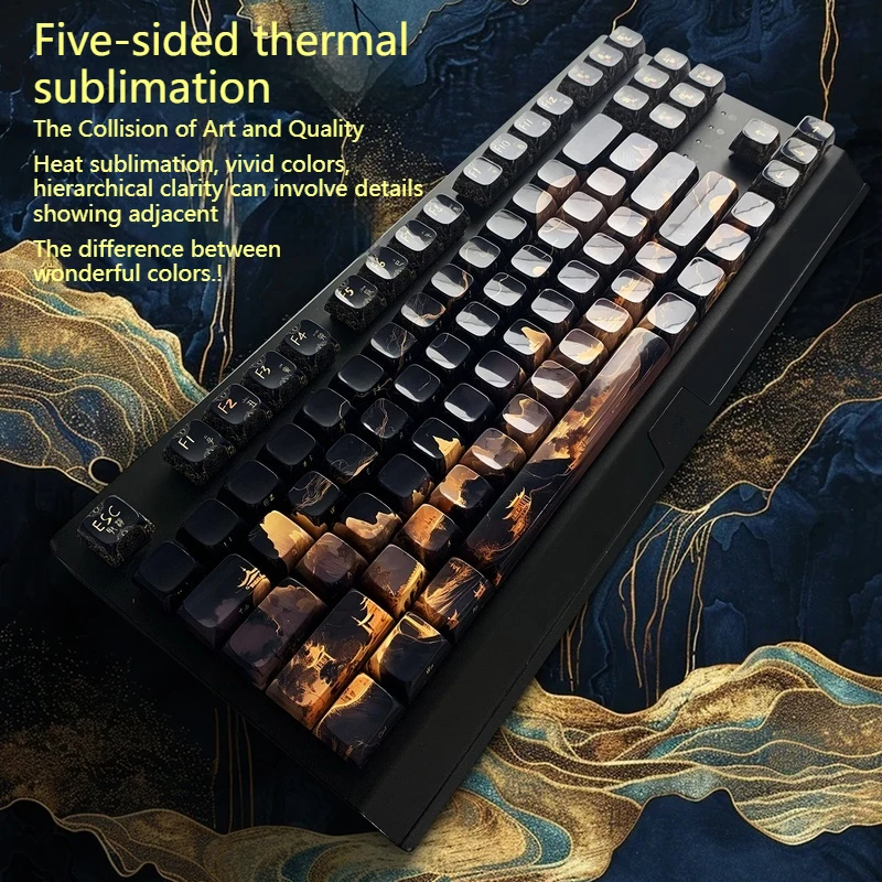 2024 Mechanical Keyboard Keycap Black Gold-Plated Ceramic Effect 124 Key Full Set Pbt Mirror Five Sided Thermal Sublimation