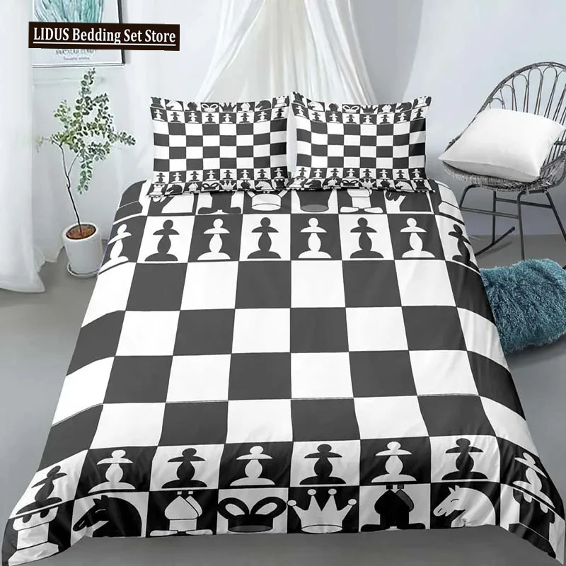 Chess Board Duvet Cover Set 3D Print International Chess Black White Comforter Cover For Boys Girls Polyester Bedding Set