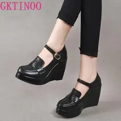 GKTINOO 2024 Wedges Women Shoe Spring Autumn Slip-On High Heels Round Toe Genuine Leather Casual Ladies Platform Shoes Woman