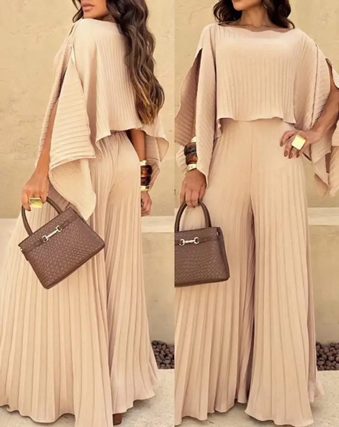 

2 Pieces Outfit Irregular Hem Slit Sleeve Top and High Waist Wide Leg Pleated Pants Set