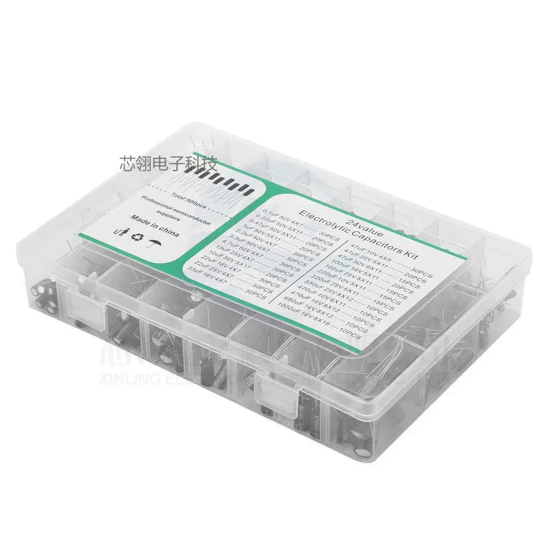 500PCS Electrolytic Capacitor Mixed DIP Electronic Kit 0.1uF-1000uf 24Values Elektronika Electrolyte Capacitors 10V 16V 25V 50V