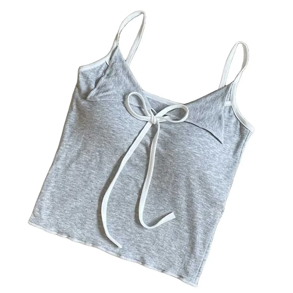 Bow Sleeveless Top Built In Bra Cotton Fabric Moderate Elasticity Regular Length Fit Simple Style Solid Color Top