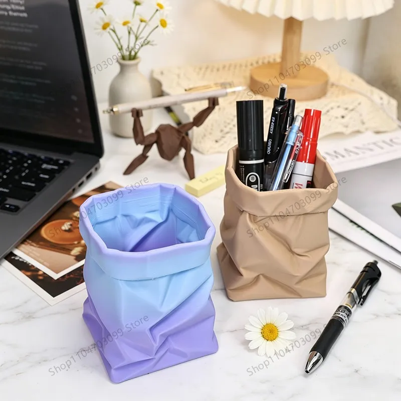 Cute 3D Printed Paper Bag Pen Holder, Minimalist Desktop Organizer for Stationery & Cosmetics