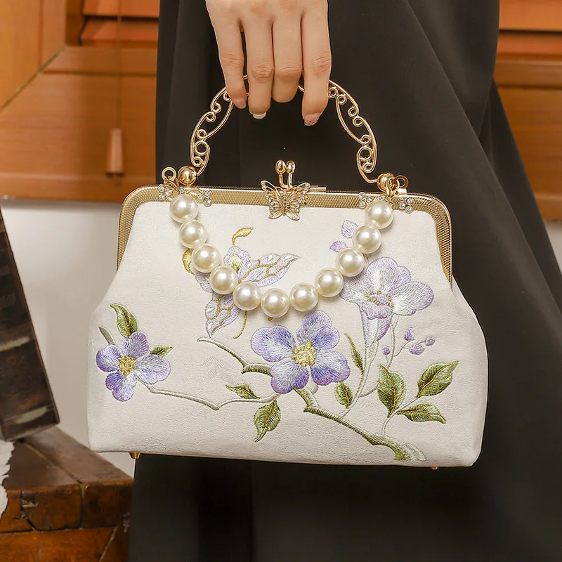 Women Vintage Floral Embroidery Kisslock Handbag 2025 Retro Chic Evening Pearl Chain Medium Size Diamonds Designer Shoulder Bag