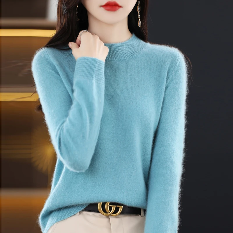 

100% Wool Women's Warm Line Readymade Half High Collar Pullover Autumn And Winter New Versatile Fashion Knitted Sweater