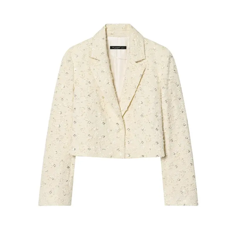 Spring 2026 Women's Short Length Long Sleeve Suit Jacket with Bead Embellishment And Frayed Hem New Arrival Commute Style