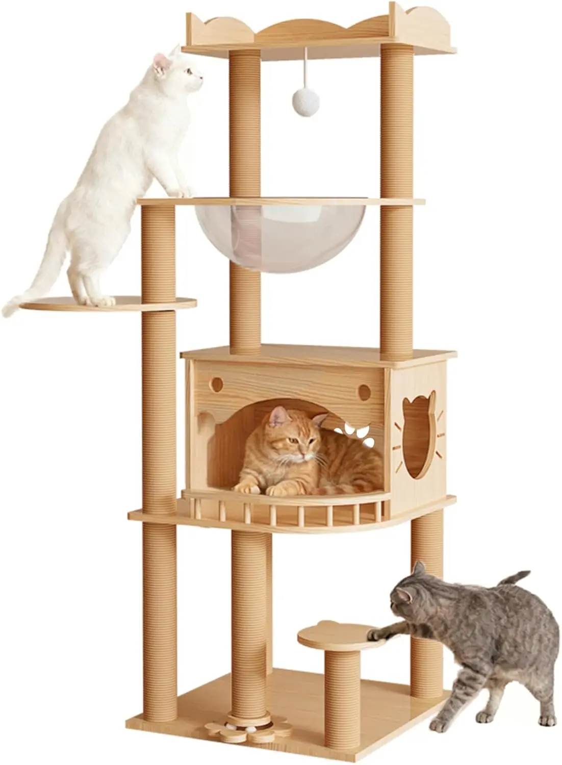 Solid Pine Wood Cat Tree for Indoor Cats,56.7” Tall Modern Cat Tower with Clear Acrylic Hammock & Condo House,Heavy Duty Wooden