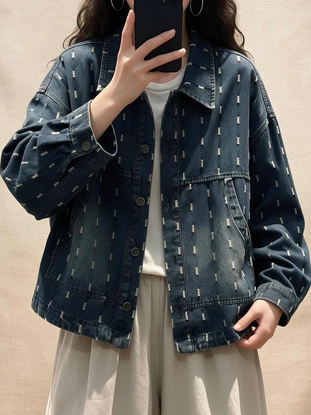 Retro Washed Denim Long Sleeve Jacket Women's Outerwear Floral Embroidery Turn-down Collar Top Loose Fit Versatile Casual Shirt