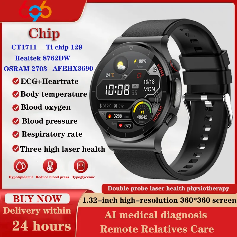 

2024 New Laser Therapy Men Smart Watch Sports Fitness Tracker Body Temperature Heartrate Blood Pressure Oxygen ECG Smartwatch