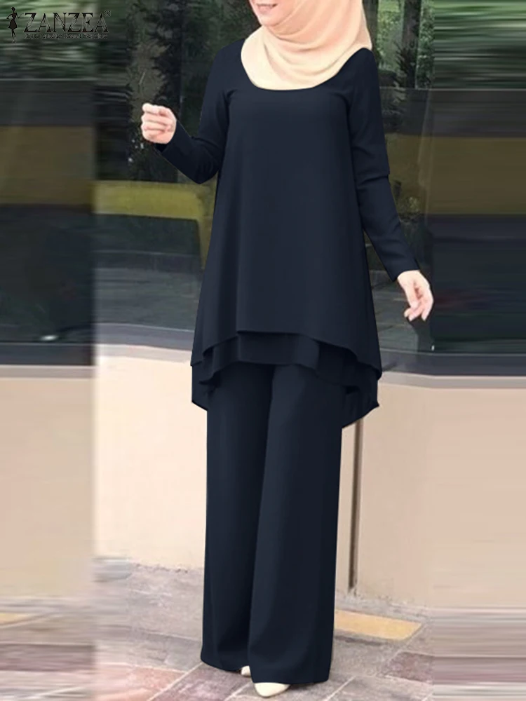 ZANZEA-chándal Hijab musulmán para mujer, conjunto a juego de blusa de manga larga con cuello redondo, pantalones de pierna ancha informales