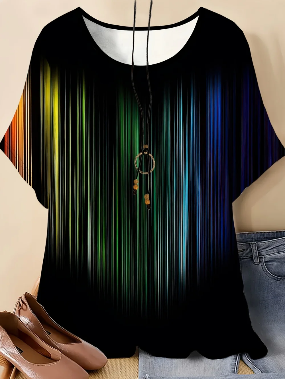 2026 New Vintage Women's Tops Colorful Lines T-Shirt Short Sleeves Casual Fashion Round Neck T-Shirts Oversized Women's Clothing