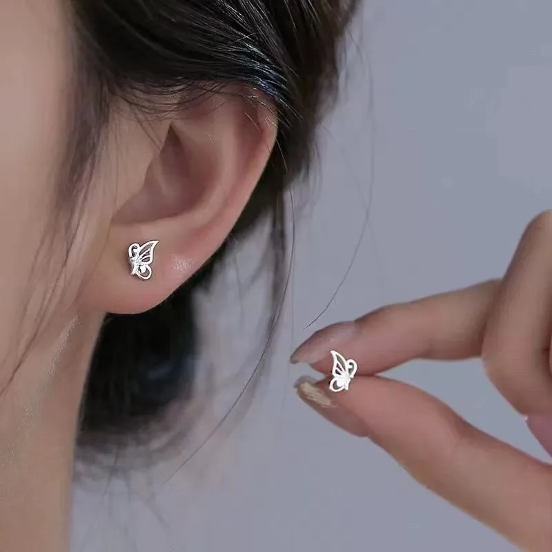 

PONYKISS Tibetan Silver Mini Hollow Butterfly Stud Earring for Women Cute Insect Fashion Jewelry Piercing Screw Bead Accessories