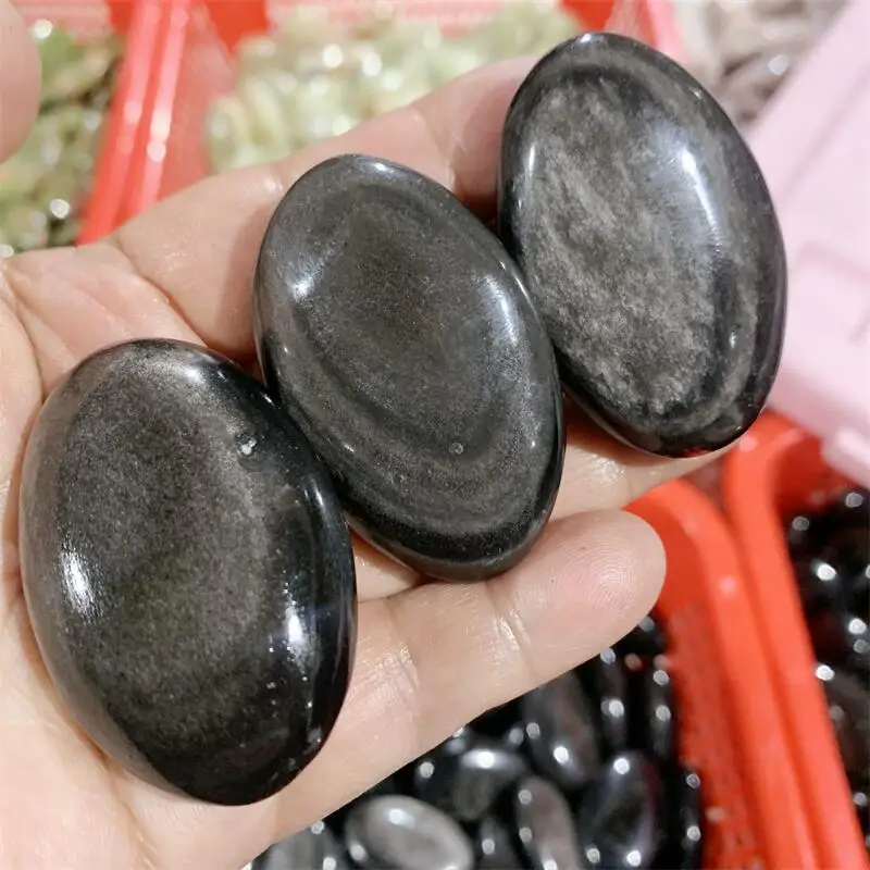 3PCS Natural Silver Obsidian Palm Carving Reiki Healing Stone Statues Home Room Decoration Holiday Gift