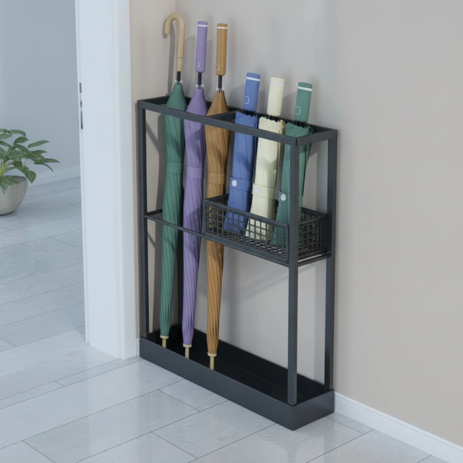 Umbrella Holder with Basket Slim Umbrella Stand Cane Holder Compact Minimalist for Entryway, Doorway