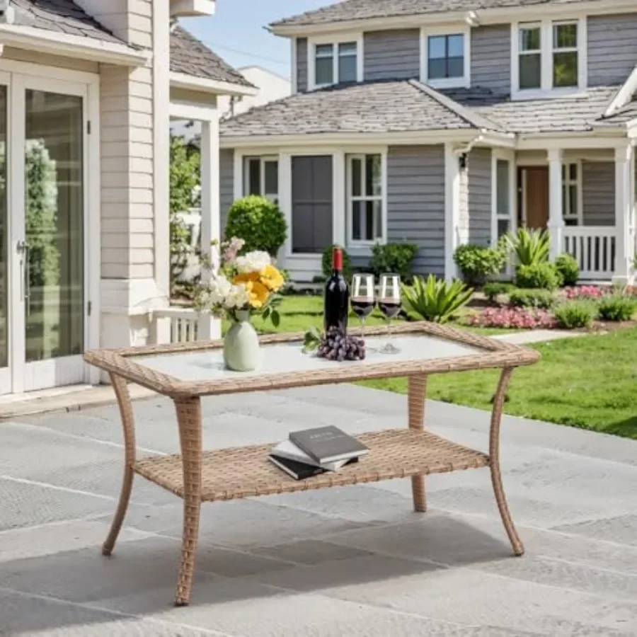 Outdoor Coffee Table - Patio Rattan Wicker Coffee Table with Tempered Glass Top and 2-Tier Storage for Deck, Porch, Balcony, Ga