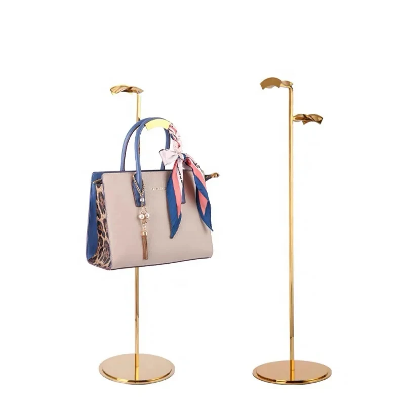 custom.Retail Boutique Store Thicker Round Base Double Sided Bag Holder Metal Purse Display Stand Shiny Gold Handbag Rack