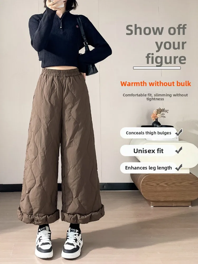 กางเกงขายาวทรงกระบอกเอวสูง ผ้ากันน้ำ กันลม สีขาว บุขนเป็ด สำหรับฤดูหนาว สไตล์ลำลอง ชายเอวยืดหยุ่น ความยาวเก้าส่วน ไซส์เล็ก ผ้าฝ้าย...