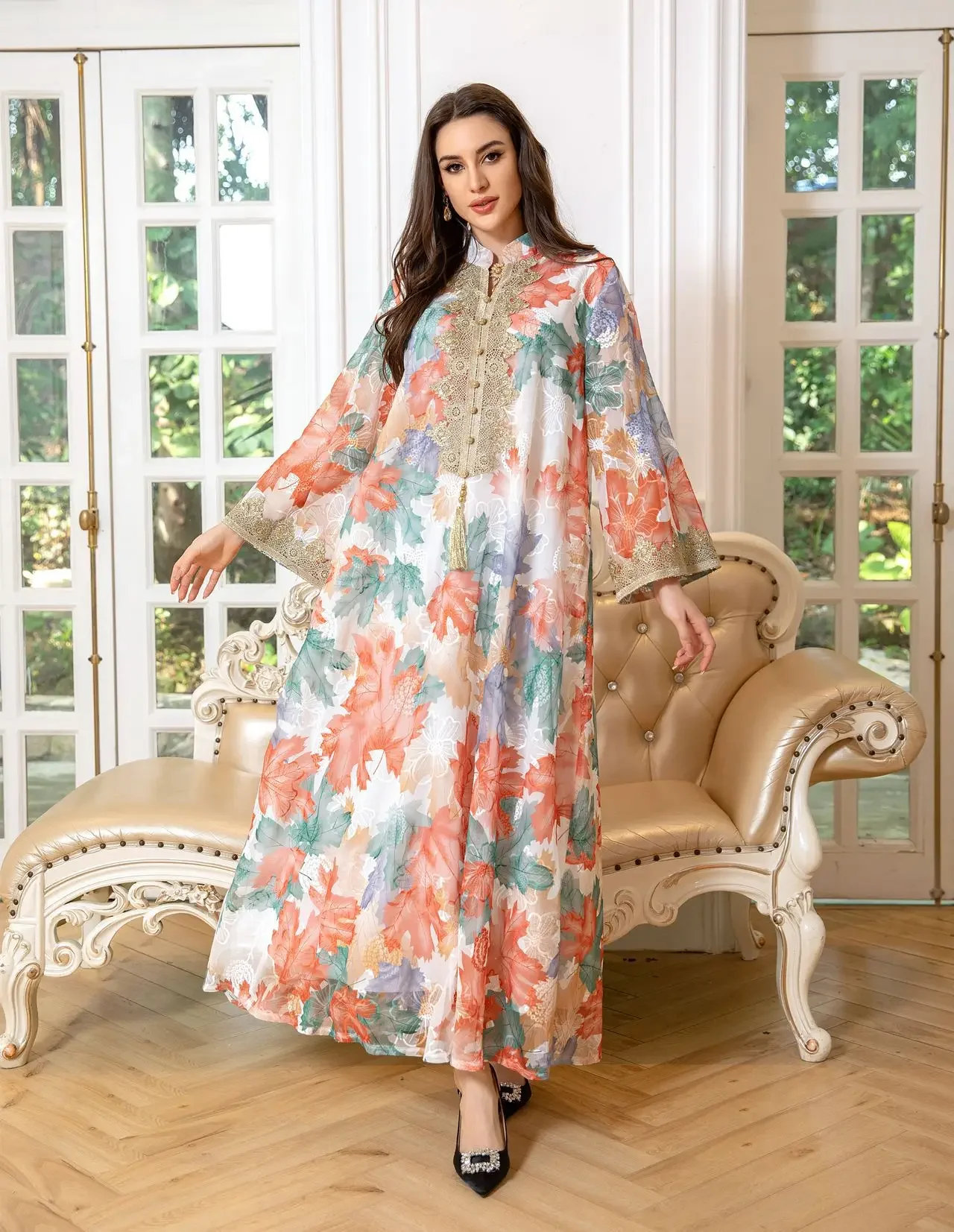 UNI Eid Arab Muslim Party Dress Women Abaya Stand Collar Appliques Jalabiya Long Dresses Kaftan Vestidos Dubai Ramadan Gown Robe