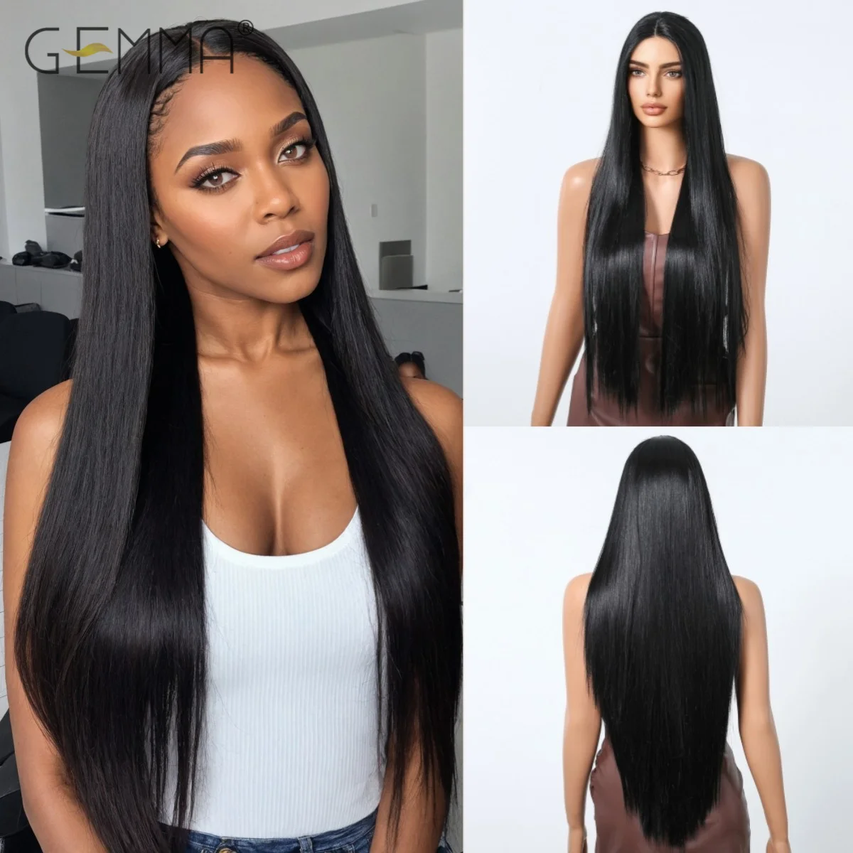 GEMMA Black Synthetic Lace Front Wig 32Inch Super Long Straight Lace Wigs for Women Afro Cosplay Daily Use Hair Heat Resistant