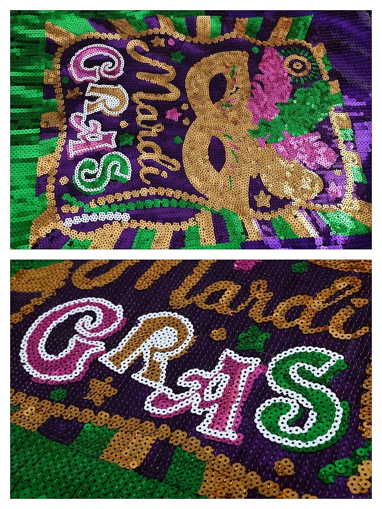 Mardi Gras Queen brillant violet vert jaune masque couronne imprimé paillettes t-shirt robe ample surdimensionné paillettes tunique haut