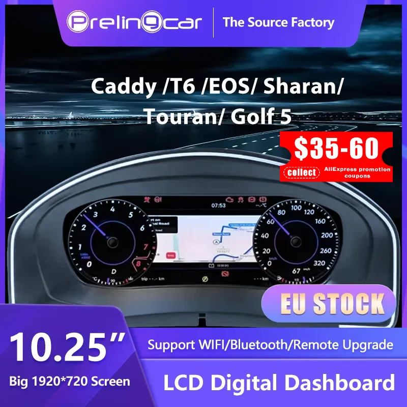 PrelingCar 10.25 Cruscotto Digitale Cluster Per VW Variant Caddy Touran T6 EOS Sharan Golf 5 Strumento Virtuale Paneel Cockpit