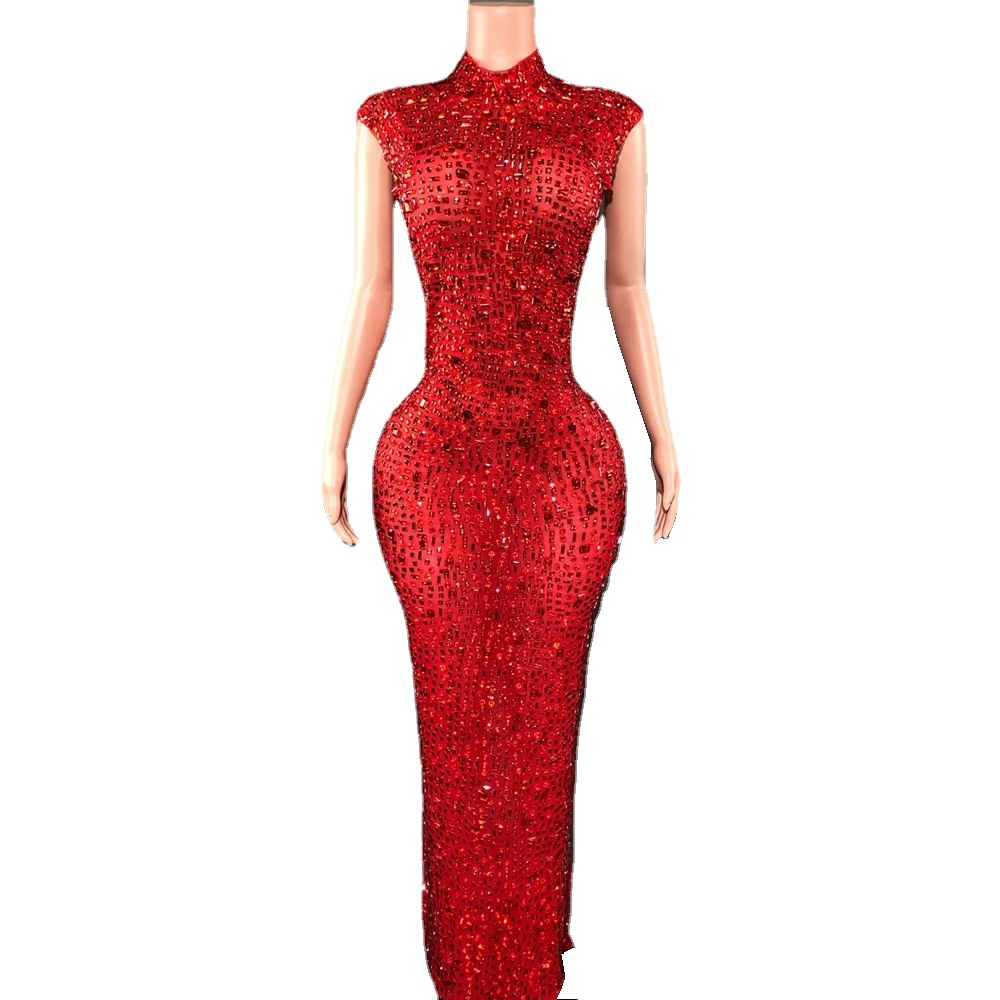 

Sparkly Red Rhinestone Sleeveless Stretch Long Dress Women Sexy Mesh Celebrate Evening Prom Birthday Dress Photo Shoot Show Wear