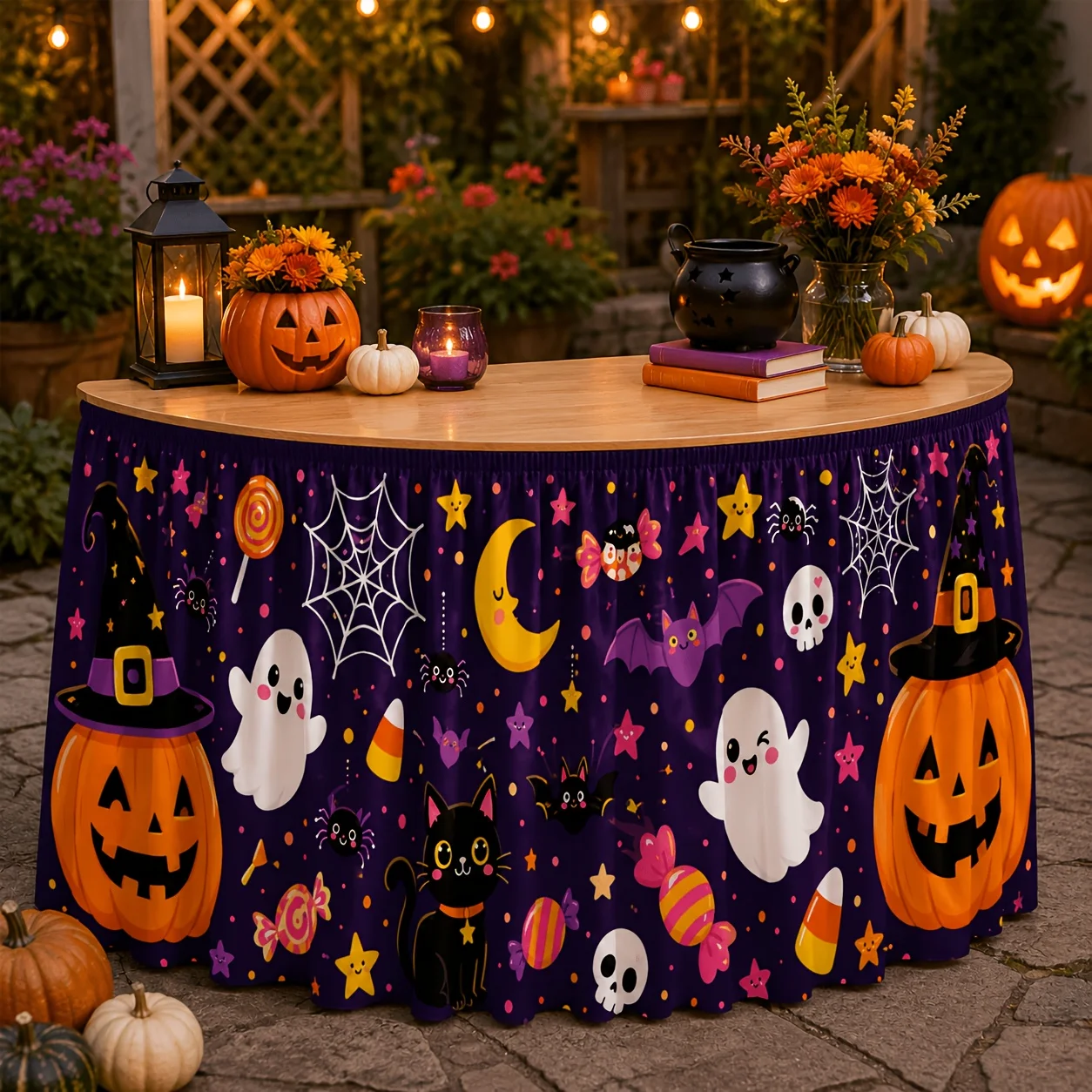 One table skirt, cute dwarf Halloween table skirt pattern, dwarfs, pumpkin lanterns, pumpkinsxzj